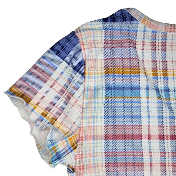 Rue21 Plaid Crop Top Pastel Button Up Short Sleeve Blue Pink White Orange Small - Picture 3 of 7